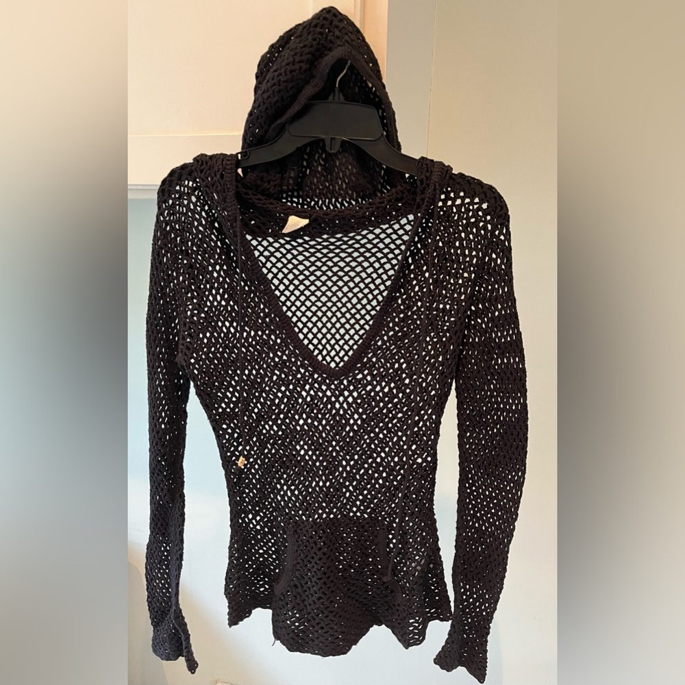 Aritzia TNA Crochet Style Black Knit Air Mesh Hooded Top